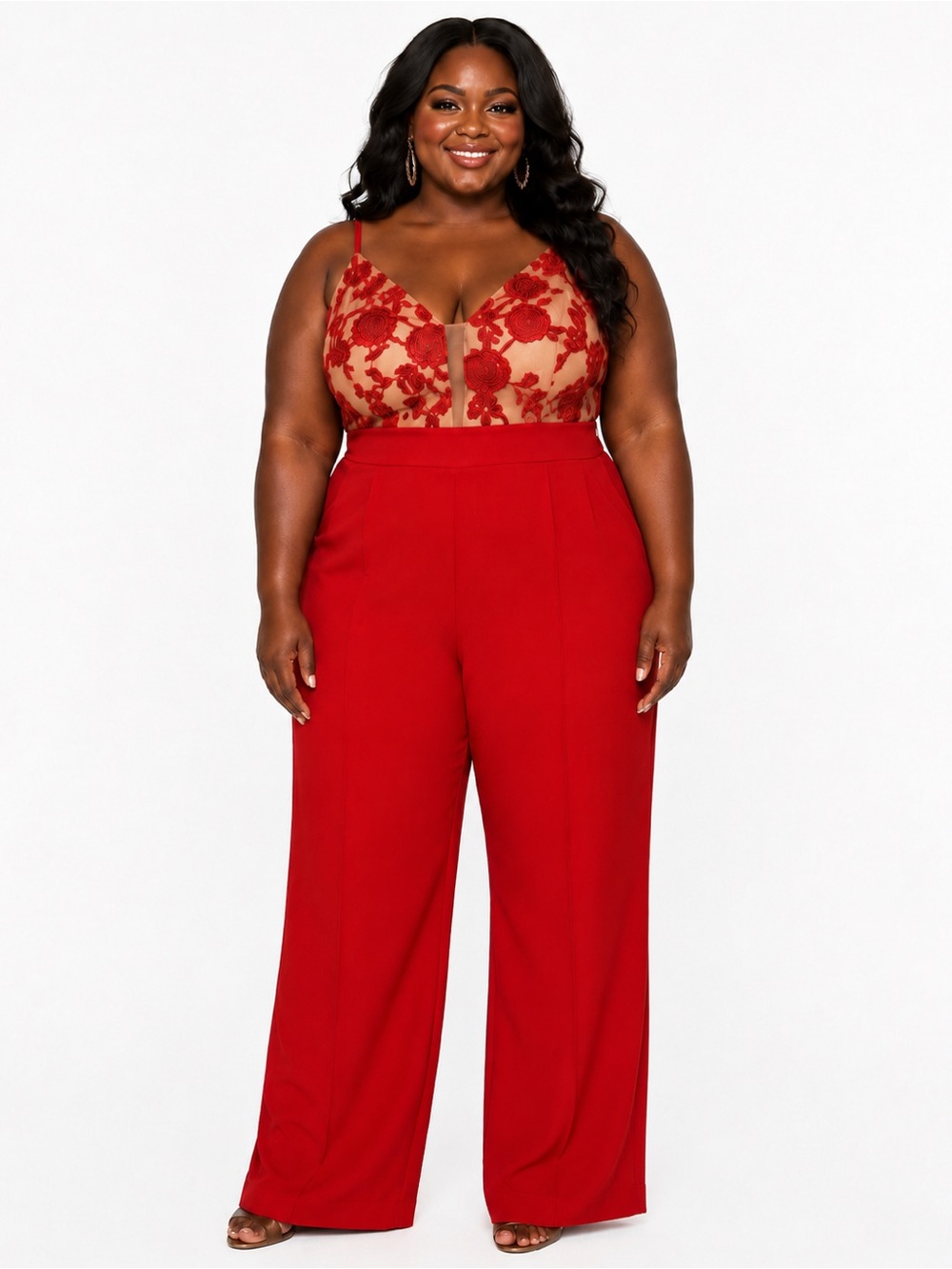 ABS Collection Red Embroidered Lace Wide Leg Jumpsuit 22W NWT